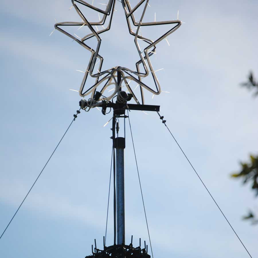 Close up of the star on top of the large tree
